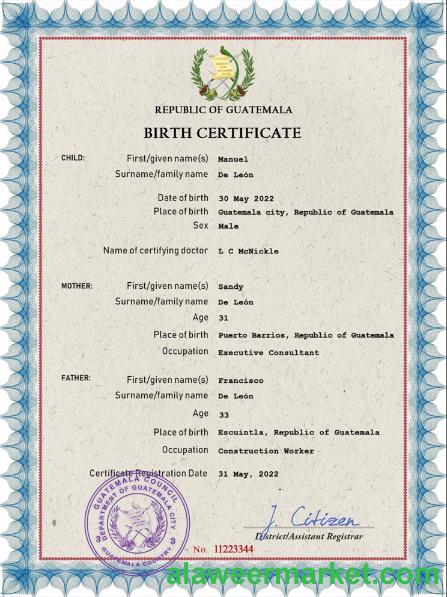 Guatemala vital record birth certificate PSD template